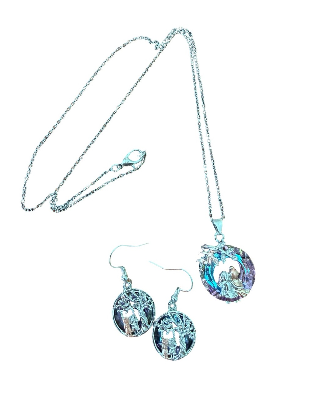 Silver-Tone Sister Friend Pendant Necklace and Earrings Set - Iridescent Crystal